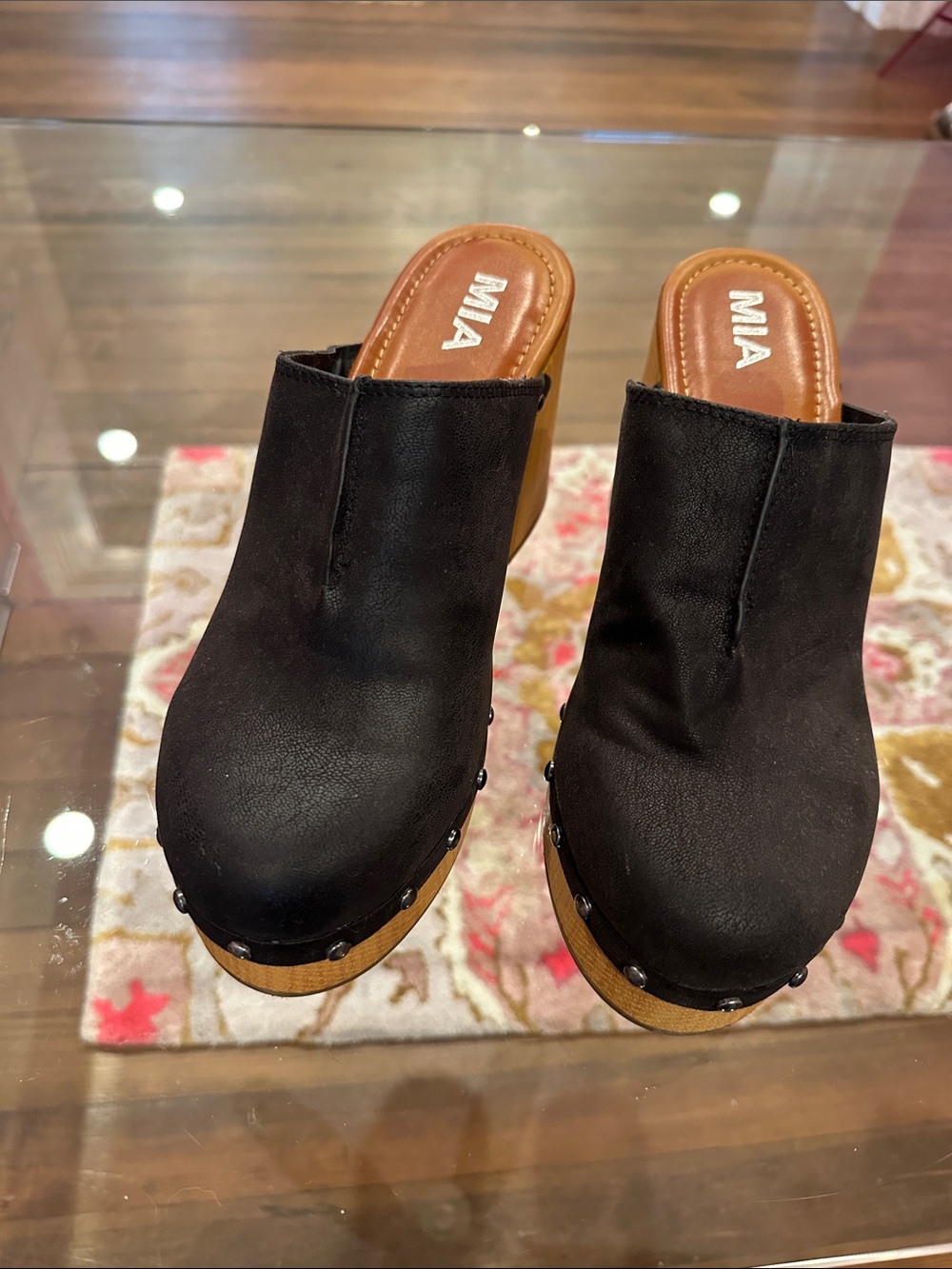 MIA Black Suede Studded Clog Mules